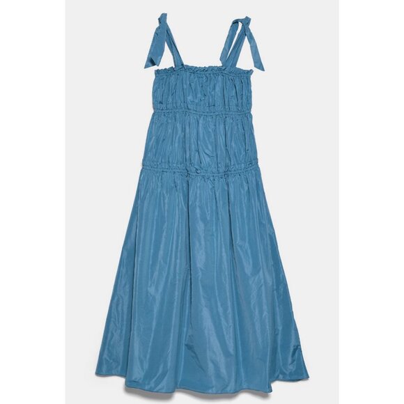 New Zara Taffeta Midi Maxi Dress Tiered Tie Straps Ruffle Romantic Wedding Guest - Picture 4 of 14